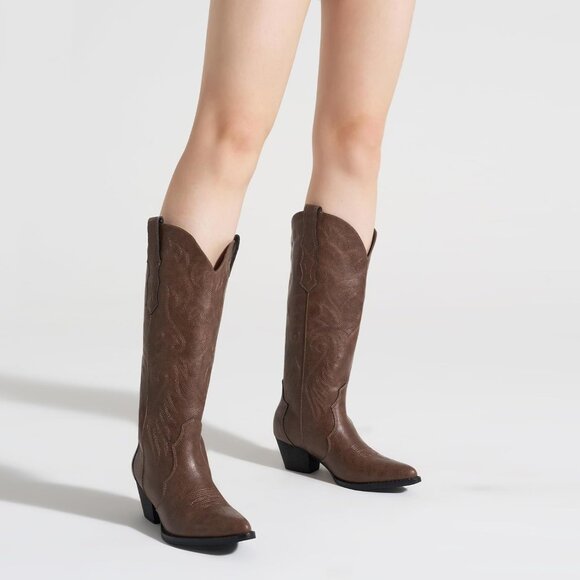 Women's Brown Embroidered Knee-High Western Boots Pointy Toe with Chunky Heel - Picture 5 of 6